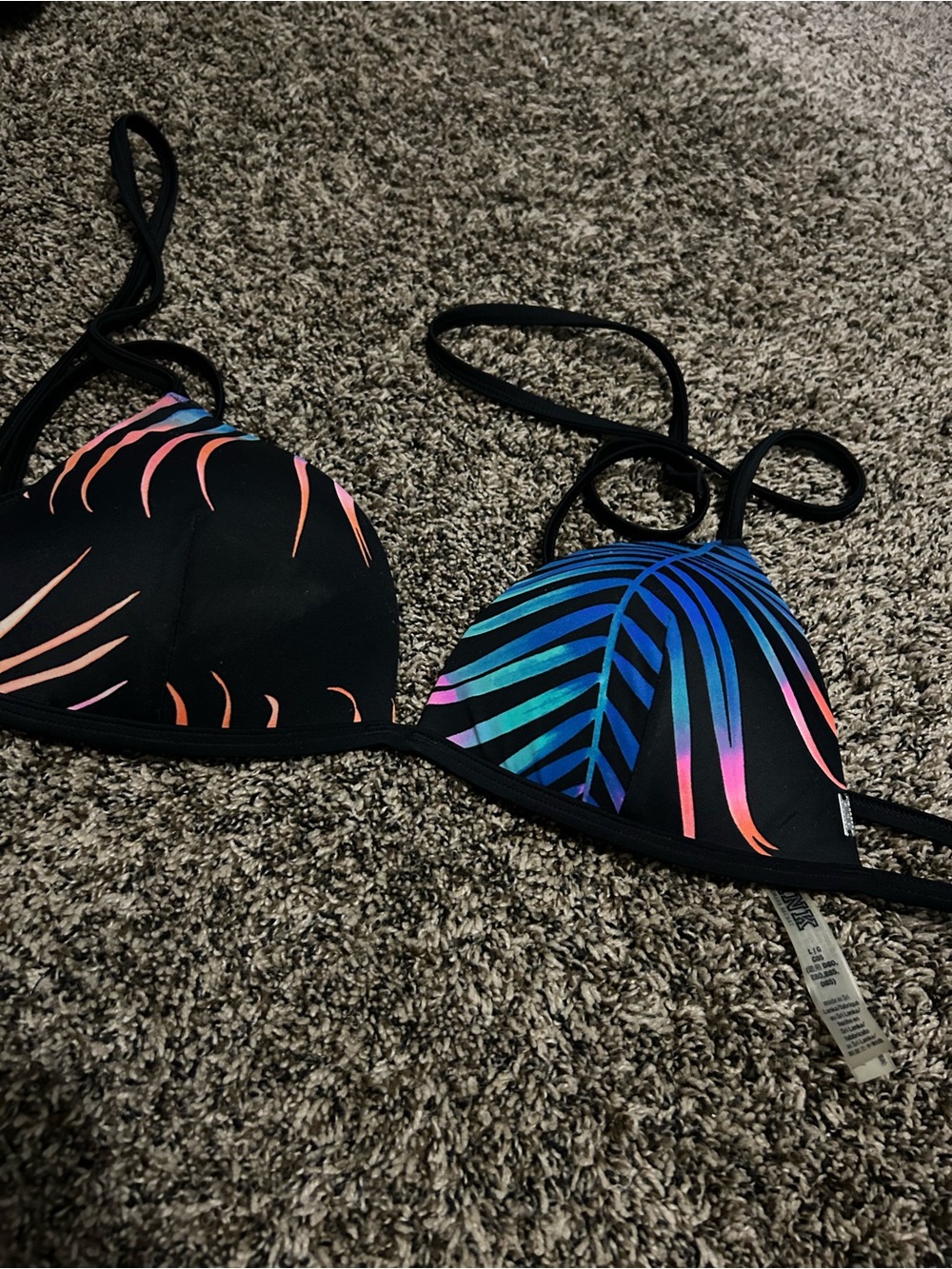 PINK Victoria's Secret Black Bikini Top with Neon Tropical Print